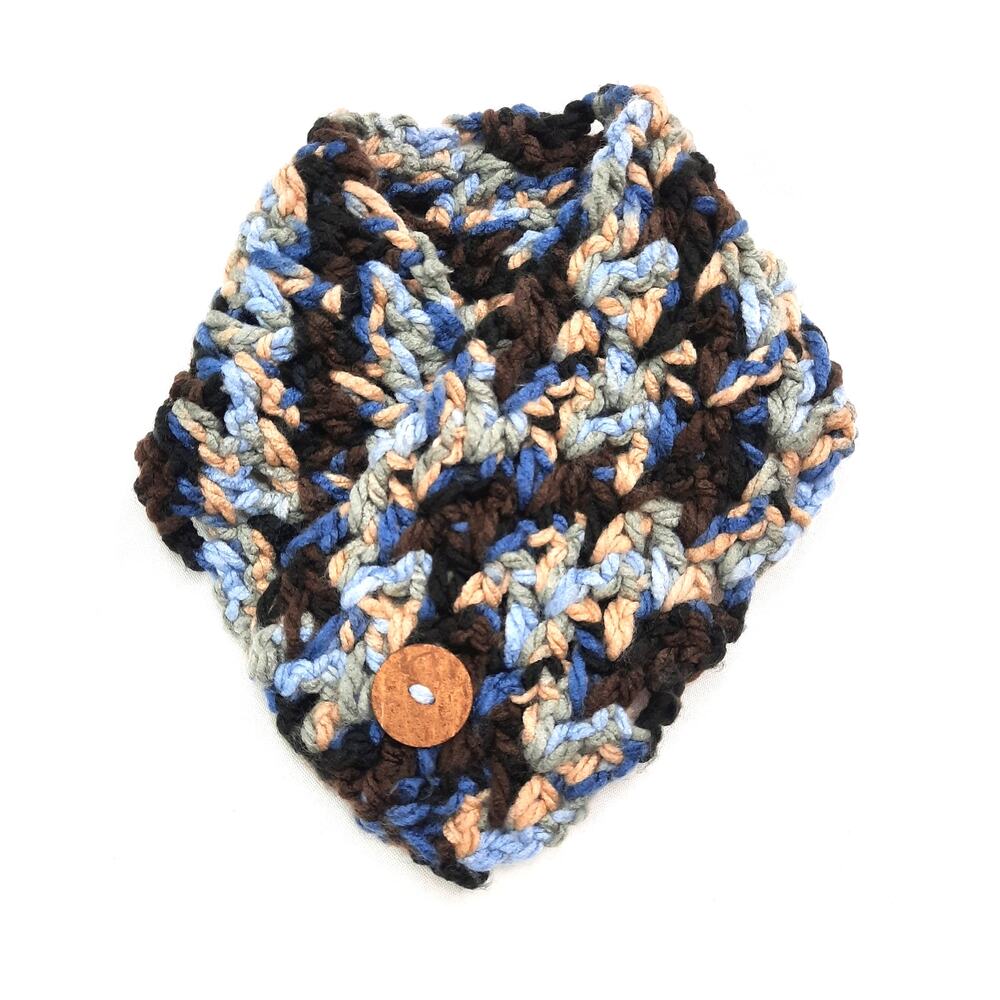 Handmade Chunky Crochet Scarf Blue Brown Cowl Rustic Wooden Button Closure NEW